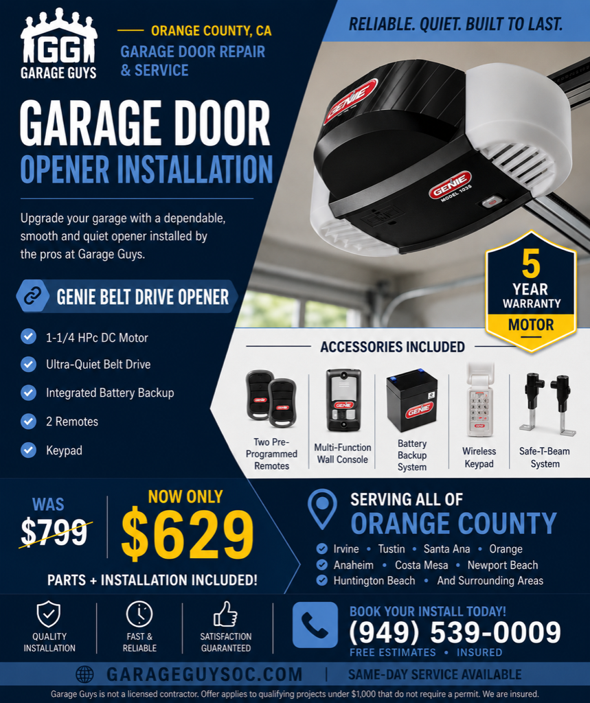 Genie belt drive garage door opener installation deal $629 Orange County